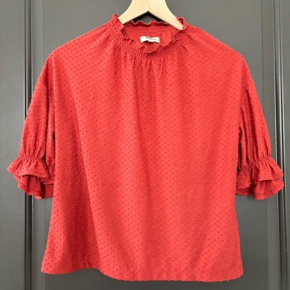 Madewell Red Clipdot Ruffle Mock Neck Half-Sleeve Dainty Blouse Size XS - Picture 7 of 10